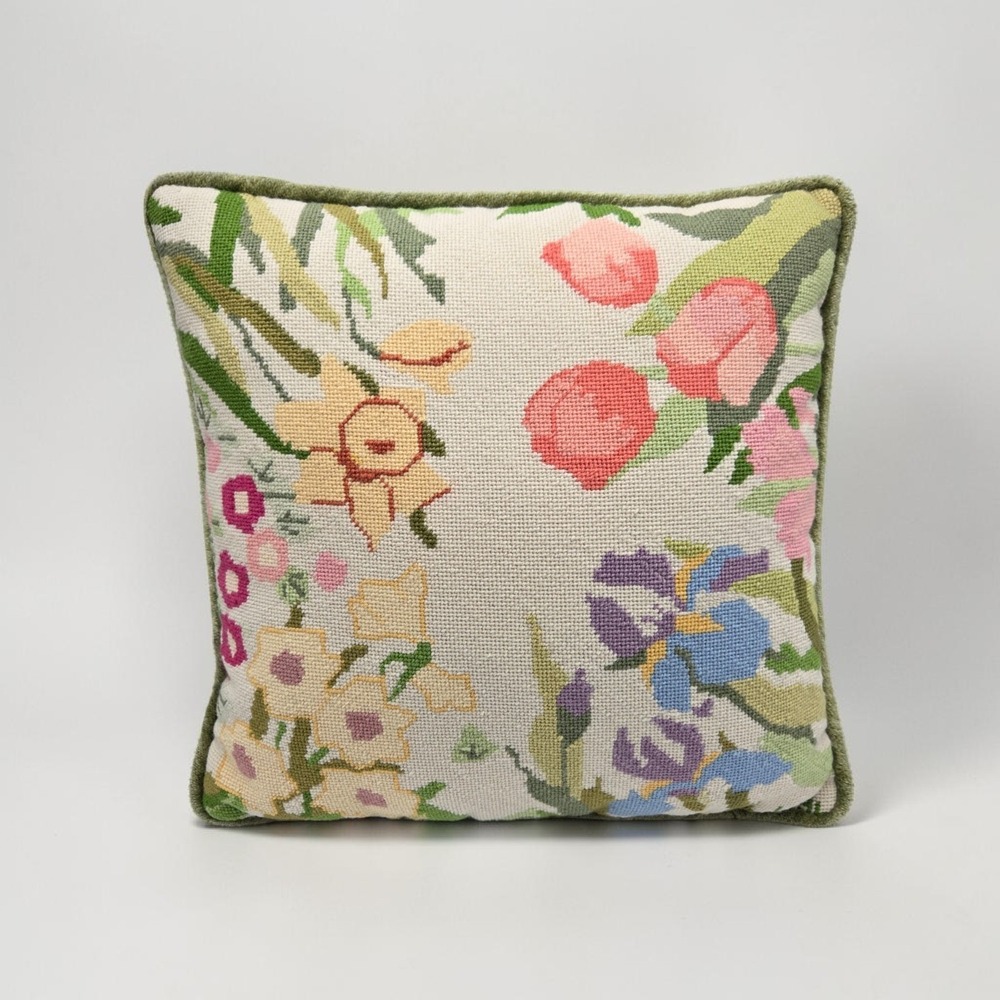 Vintage Needlepoint Green‎ Floral Throw Pillow Grandmacore Cottagecore 13x12.5"